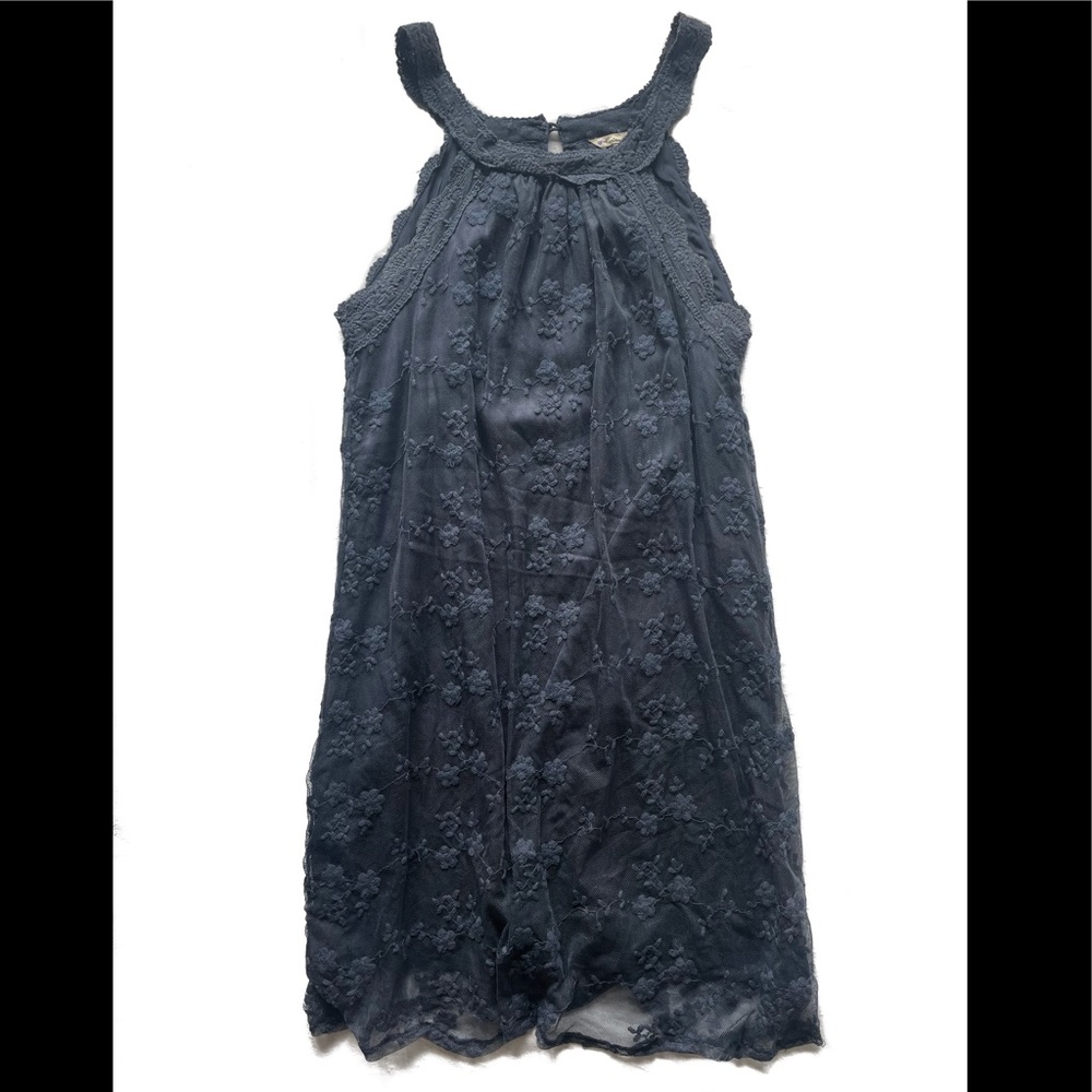 Navy blue delicate lace yoke dress with buttoned back